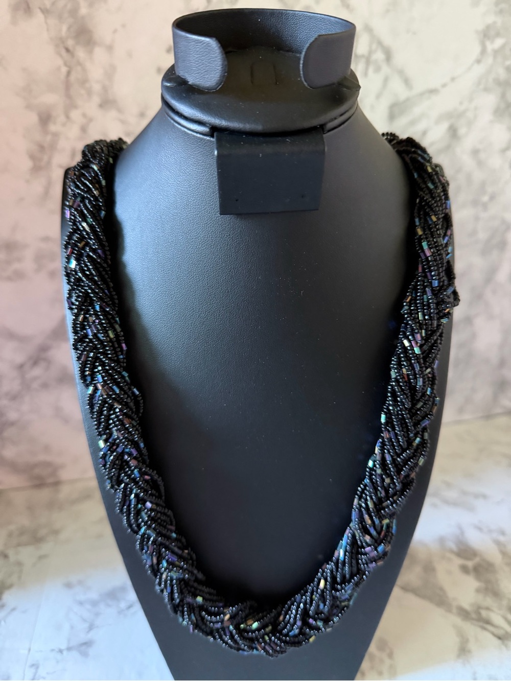 Beaded braided Rope Necklace - Black Iridescent